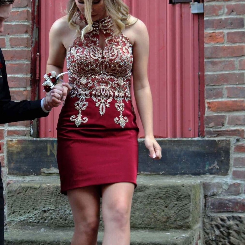 Dave & Johnny deep red and gold hoco dress